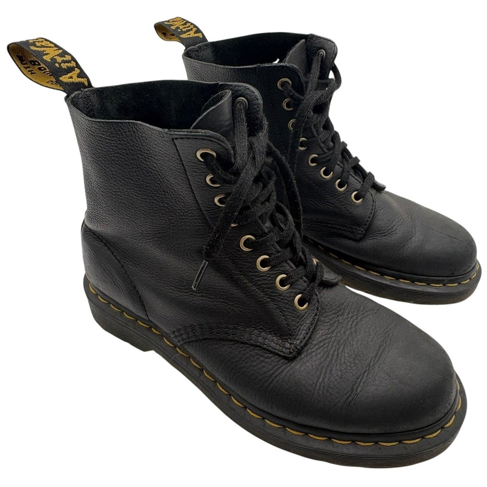 Dr Martens 1460 Pascal Combat Boots Womens 8 Black Pebbled Leather Yellow Stitch